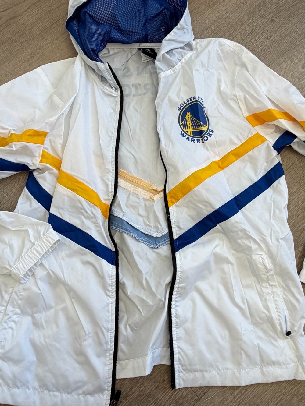 Golden State Warriors Kids White Hooded Windbreaker with Blue & Yellow Stripes